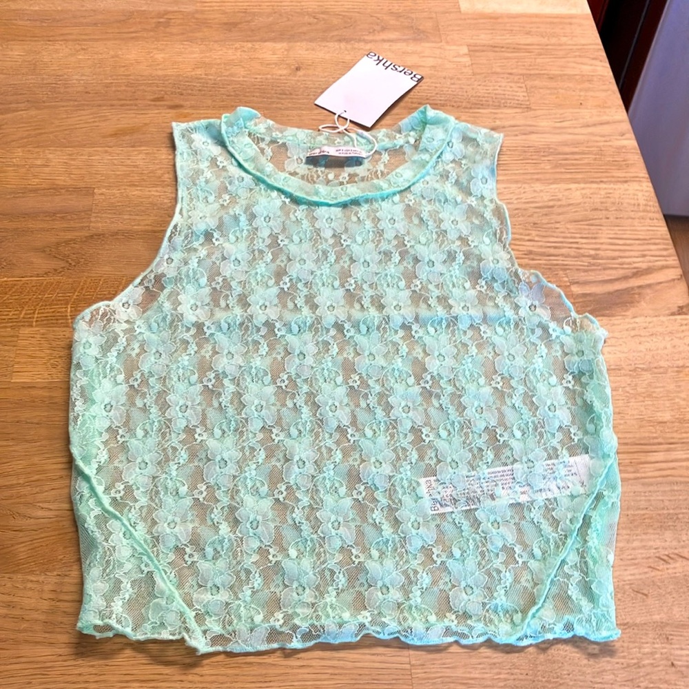 Y2k Bershka Green mint lace Crop Tank Top Size:S